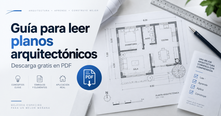 Portada de la guía gratuita para leer planos arquitectónicos en PDF, con un plano de vivienda, medidas, símbolos y herramientas de dibujo técnico.