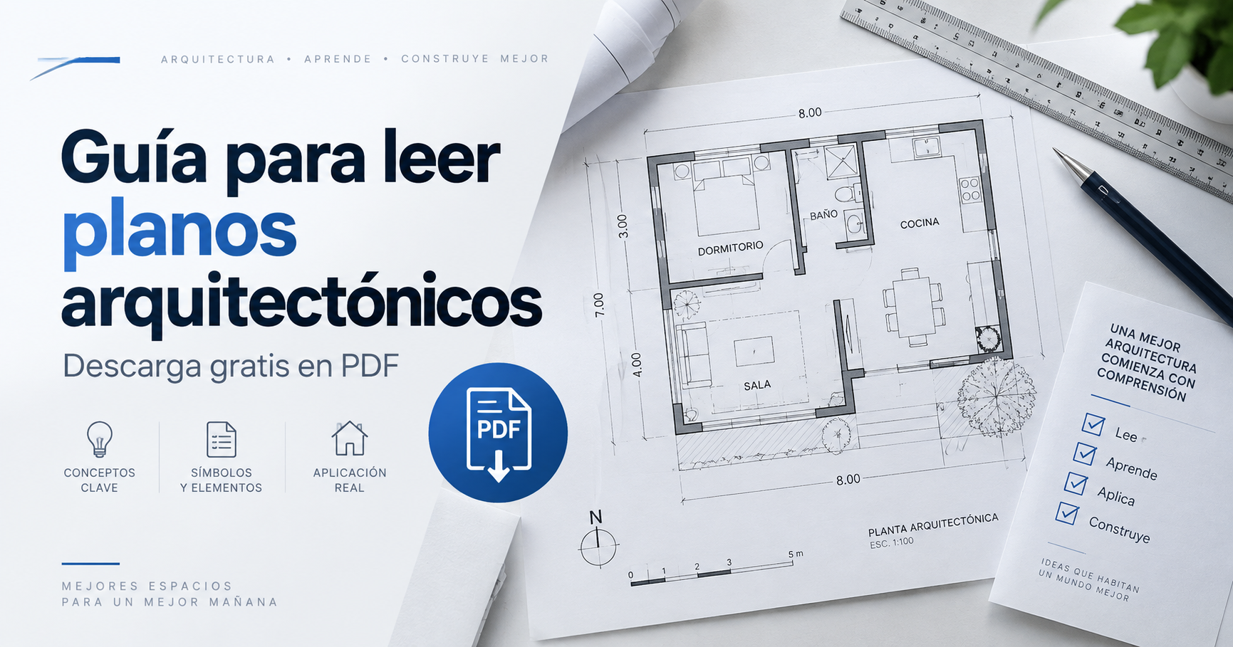 Portada de la guía gratuita para leer planos arquitectónicos en PDF, con un plano de vivienda, medidas, símbolos y herramientas de dibujo técnico.