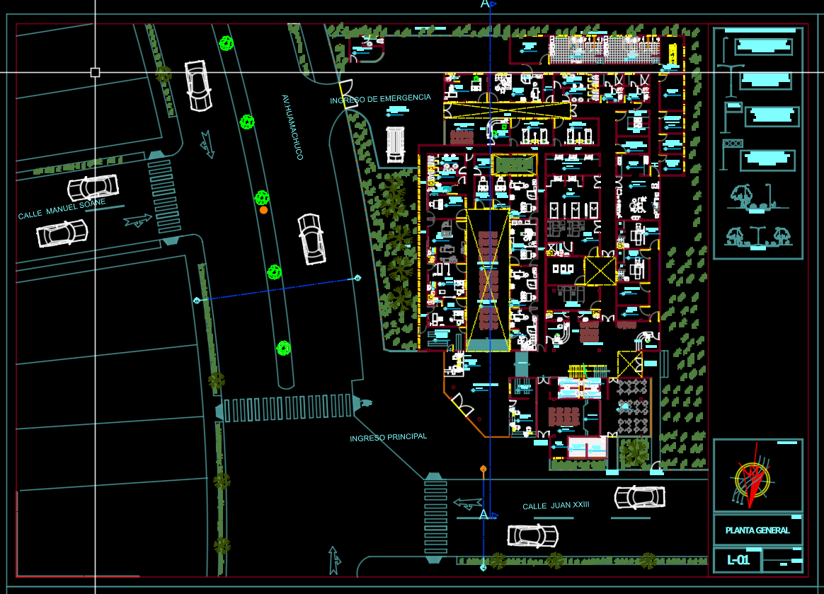 Planos de centro de salud universitario mostrando planta arquitectónica zonificada, fachadas y plano de cubierta