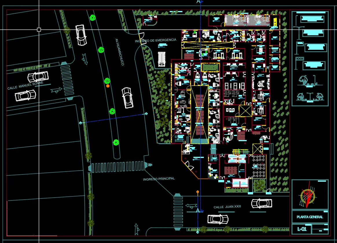 Planos de centro de salud universitario mostrando planta arquitectónica zonificada, fachadas y plano de cubierta