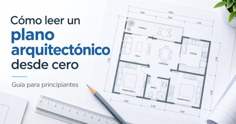 Portada de la guía Cómo leer un plano arquitectónico desde cero, con el plano de una vivienda, una regla y un lápiz.