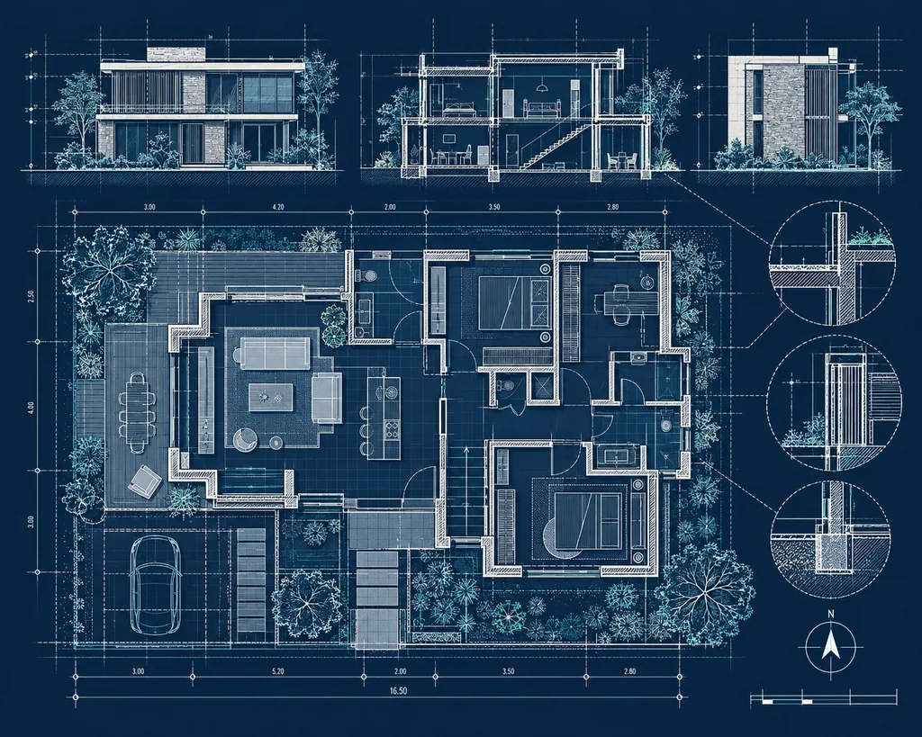 Planos arquitectónicos de una vivienda con distribución interior, fachadas, corte y detalles constructivos.