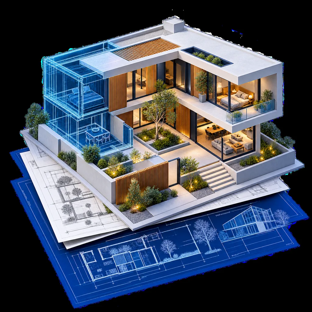 Recursos gratis de arquitectura y diseño: ilustración 3D de una vivienda sobre planos arquitectónicos.