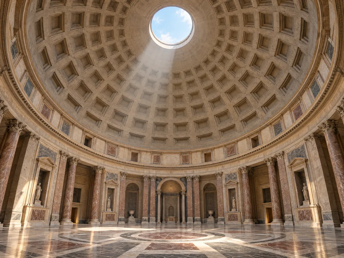 Ilustración de arquitectura griega y romana con una rotonda romana cubierta por cúpula y óculo abierto