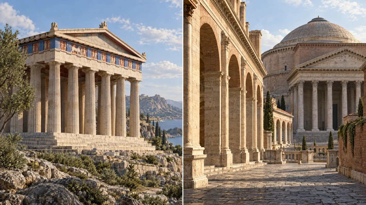Montaje conceptual de arquitectura griega y romana con un templo griego y edificios romanos de arcos y cúpula