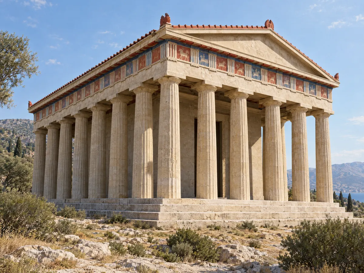 Ilustración de arquitectura griega y romana centrada en un templo griego de columnas dóricas