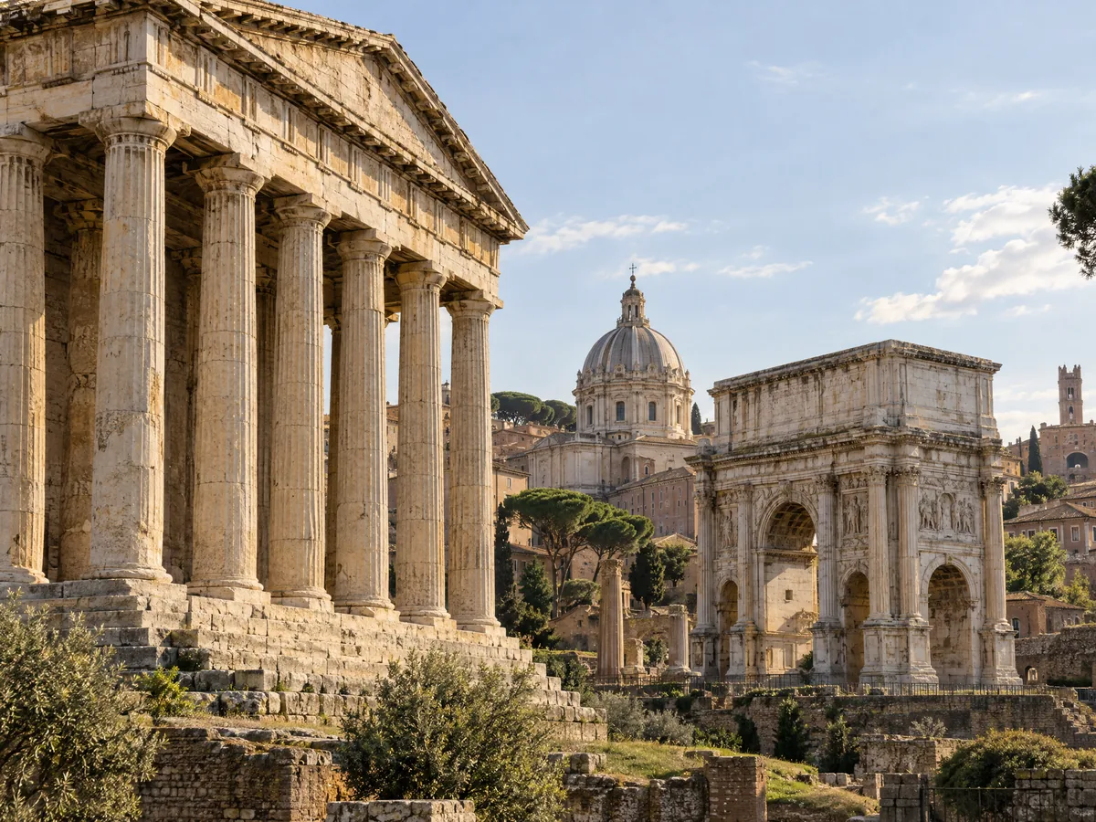 Templo griego con columnas dóricas junto a un arco y una cúpula de la arquitectura romana