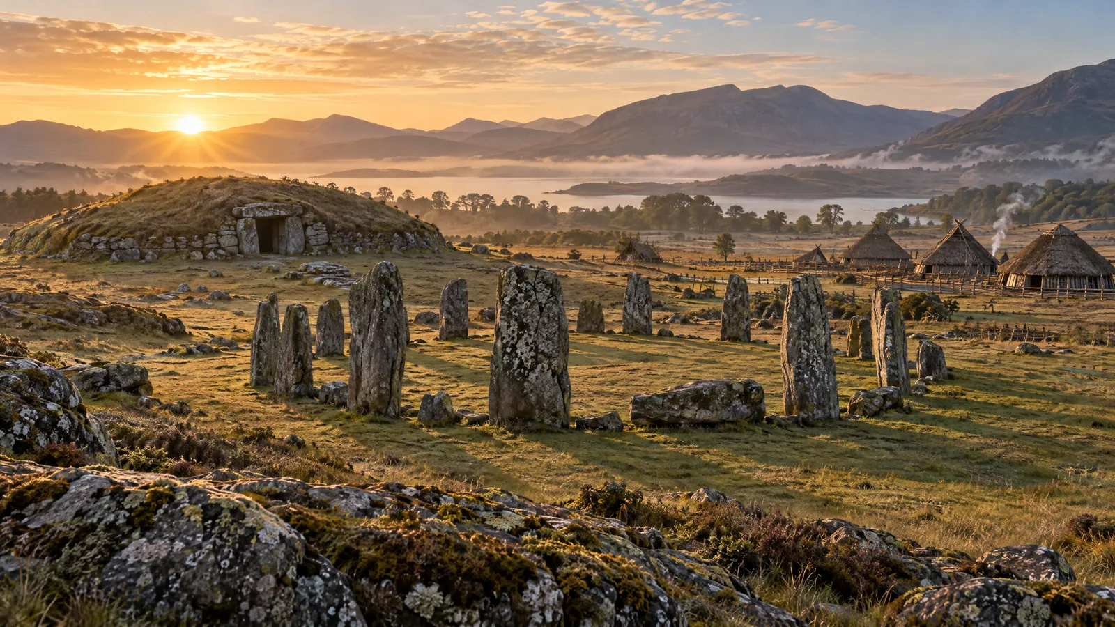 Ilustración de arquitectura prehistórica con círculo de piedras, túmulo y viviendas en un paisaje