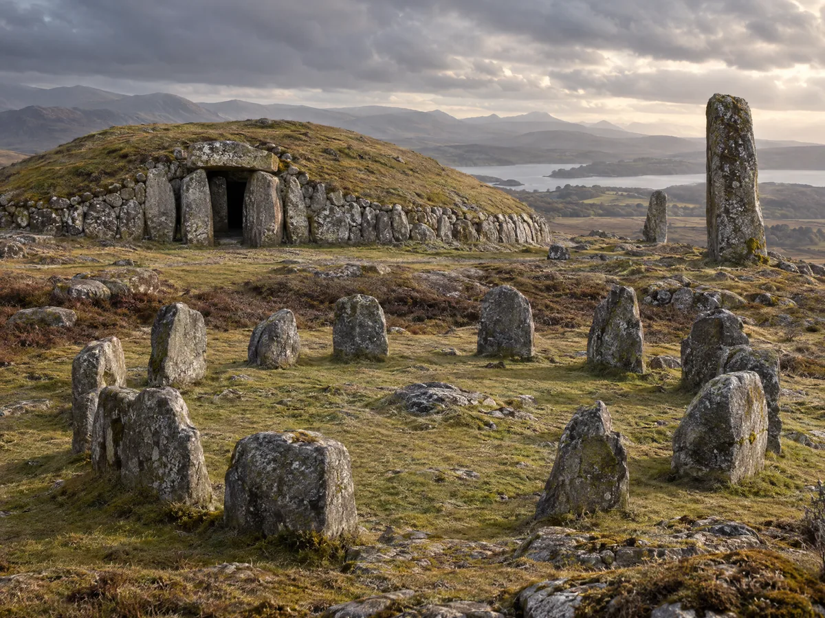 Ilustración de arquitectura prehistórica con túmulo funerario y círculo de piedras