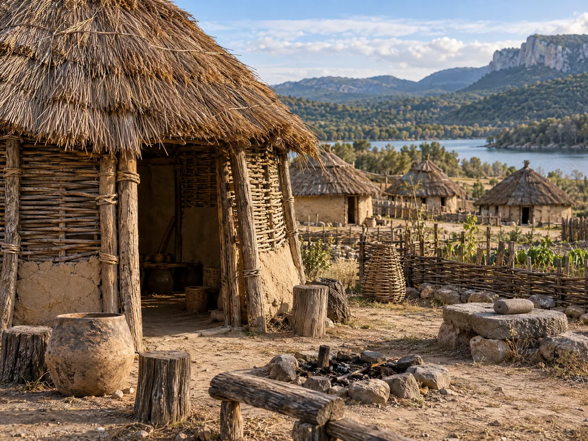 Ilustración de arquitectura prehistórica con viviendas de madera, barro y paja junto a un hogar
