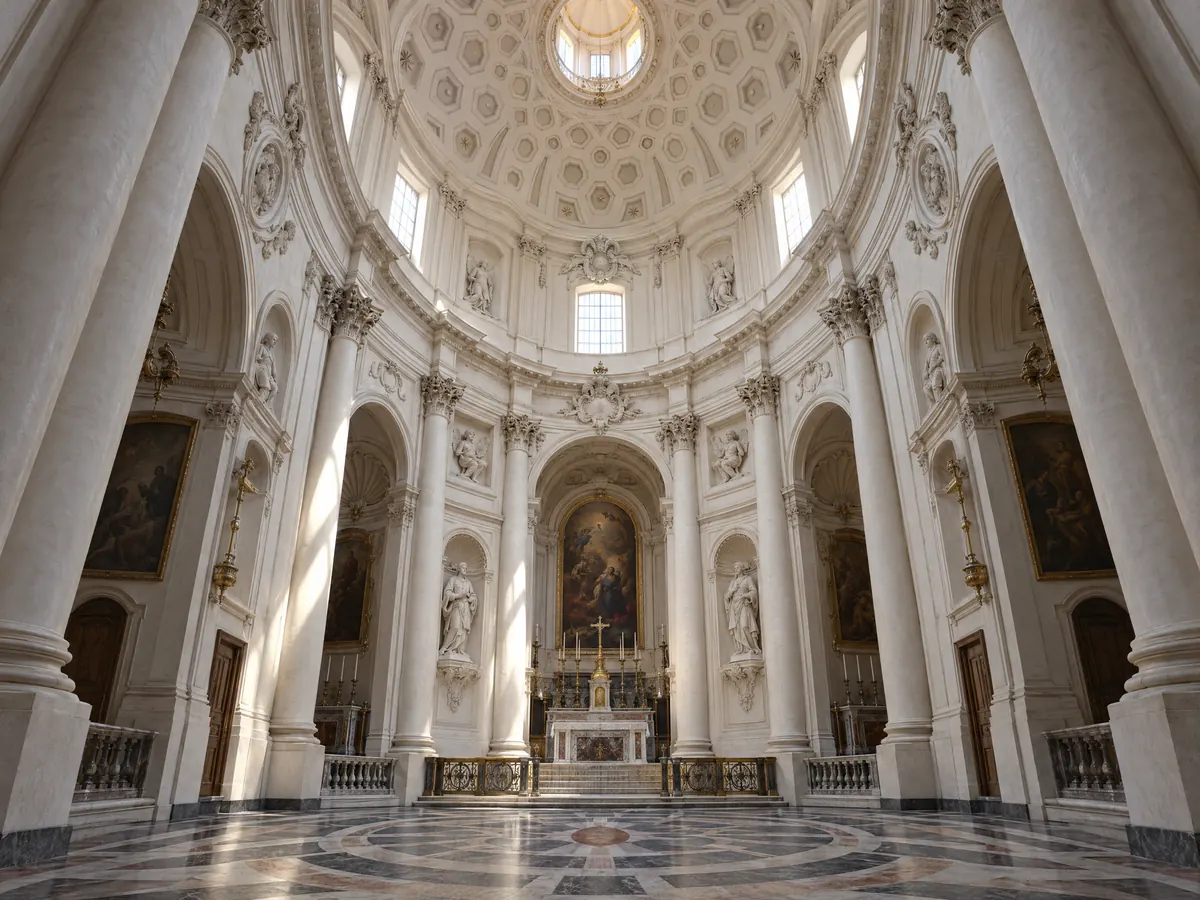 Renacimiento y Barroco en arquitectura: interior barroco conceptual con cúpula oval, columnas y luz superior