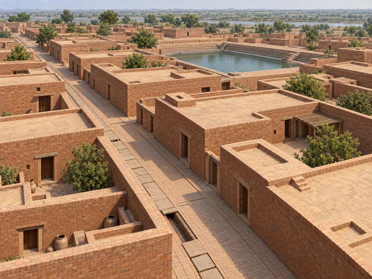 Ilustración de arquitectura de las primeras civilizaciones con viviendas de ladrillo y drenaje en una ciudad del valle del Indo