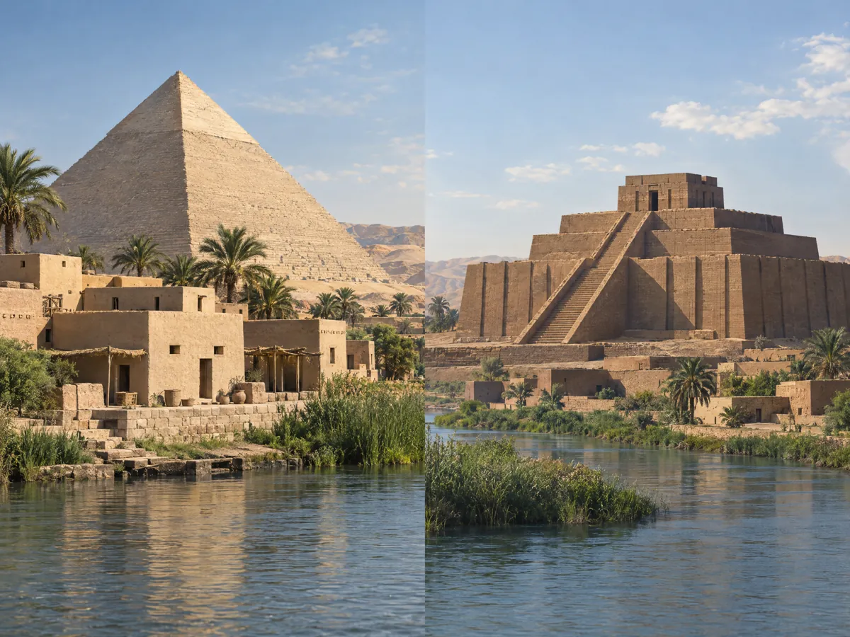 Ilustración de arquitectura de las primeras civilizaciones con una pirámide egipcia y un zigurat mesopotámico