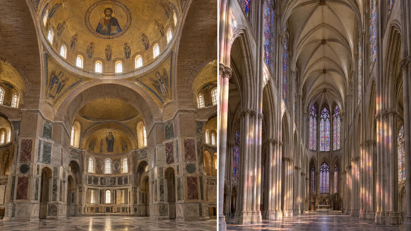 Comparación de arquitectura bizantina y gótica: cúpula con mosaicos y nave con bóvedas de crucería