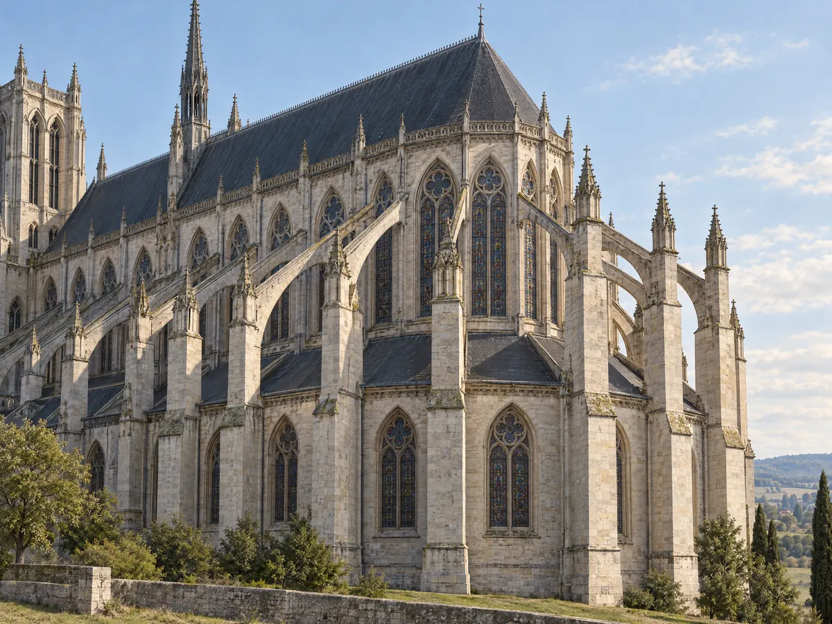 Arquitectura bizantina y gótica: ejemplo conceptual de una catedral gótica con arbotantes y contrafuertes