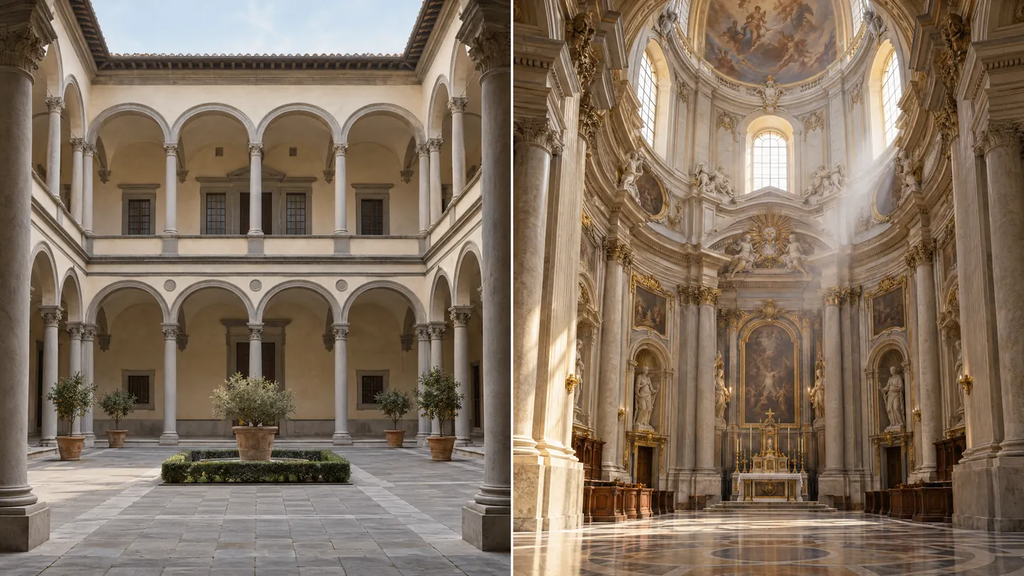Renacimiento y Barroco: comparación de un patio de arcadas clásicas y un interior barroco iluminado