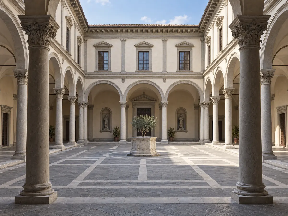 Renacimiento y Barroco en arquitectura: patio renacentista conceptual con arcos de medio punto y columnas